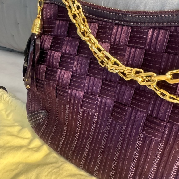 Cole Haan Genevieve purple satin woven purse with gold chain straps - Picture 2 of 5